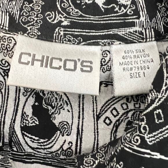 Chicos Womens Silk Blend Jacket Medium Black White Cameo Print Broken Zipper - Picture 5 of 6